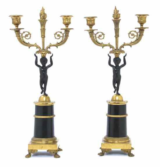 Appraisal: A Pair of Empire Gilt and Patinated Bronze Two-Light Candelabra