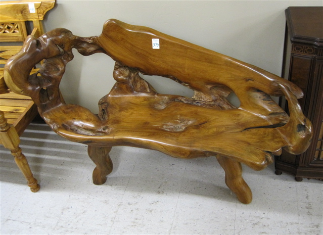 Appraisal: BURL TEAK ROOT BENCH hand crafted with one-piece back and