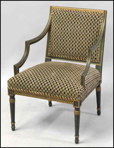 Appraisal: PAINTED AND PARCEL GILT OPEN ARMCHAIR Back height '' Condition