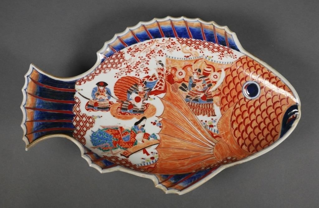 Appraisal: Antique Japanese Imari porcelain fish form platter Decorated with three