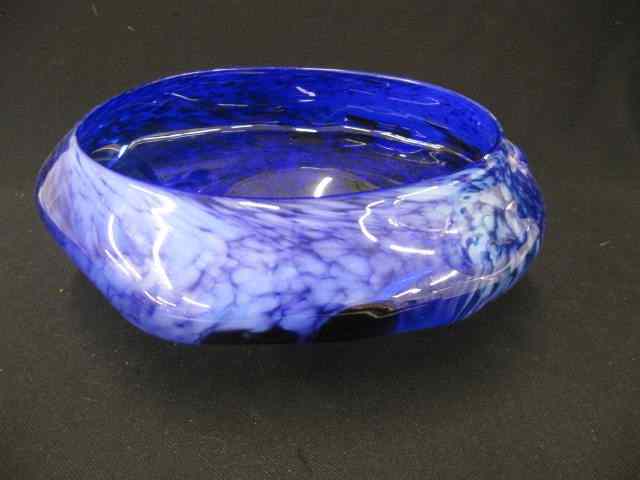 Appraisal: Blue Art Glass Bowl mottled white black spotting free-form shaping