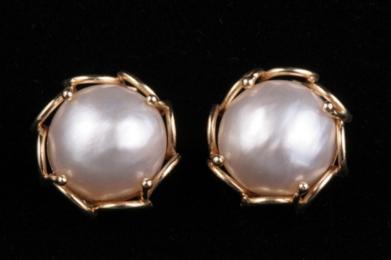 Appraisal: PAIR OF K YELLOW GOLD AND MABE PEARL EARRINGS Each