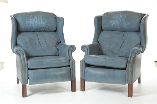 Appraisal: PAIR OF CHIPPENDALE-STYLE WINGBACK RECLINERS American th century Worn blue