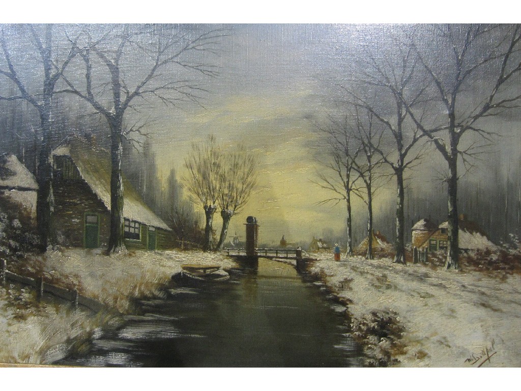 Appraisal: Oil on canvas Dutch Winter landscape indistinctly signed