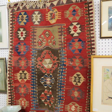 Appraisal: Flat Weave Persian Handmade Rug geometric designs red field '