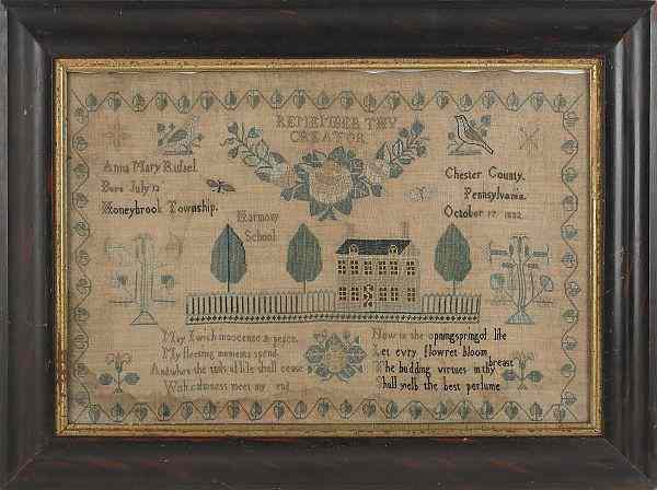 Appraisal: Chester County Pennsylvania silk on linen sampler dated wrought by