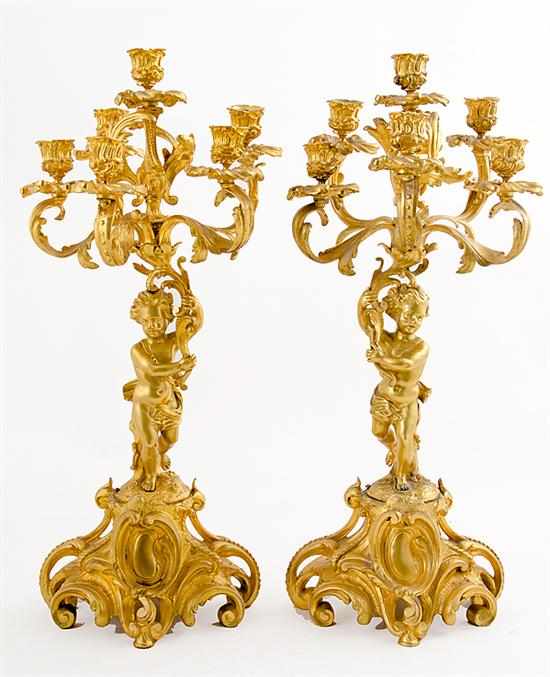 Appraisal: Pair Louis XV style bronze-dore six-light figural candelabra th century