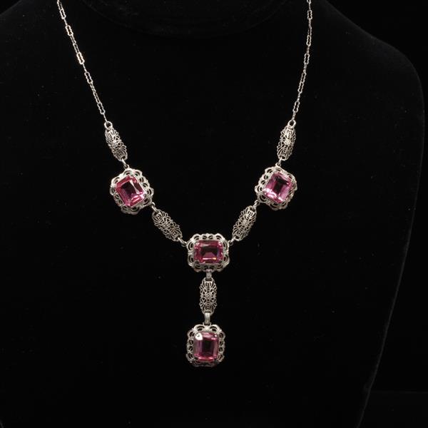 Appraisal: Edwardian Art Deco Sterling Silver Czech Filigree Necklace with Pink