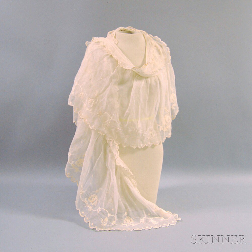 Appraisal: White Cotton Shawl with Floral Embroidery America mid- th century