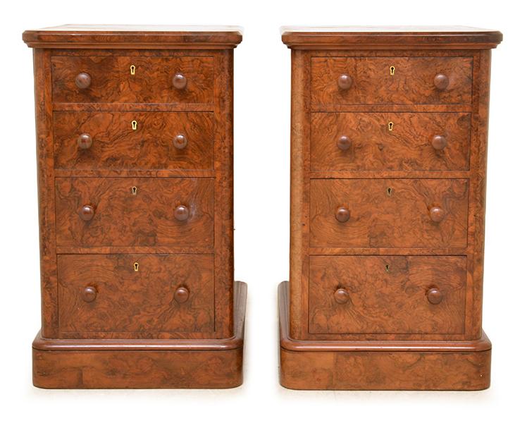 Appraisal: A GOOD PAIR OF VICTORIAN BURR WALNUT FOUR DRAWER BEDSIDE