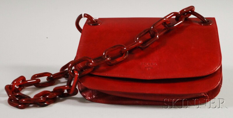 Appraisal: Prada Red Leather Purse with red chain-link Lucite strap in