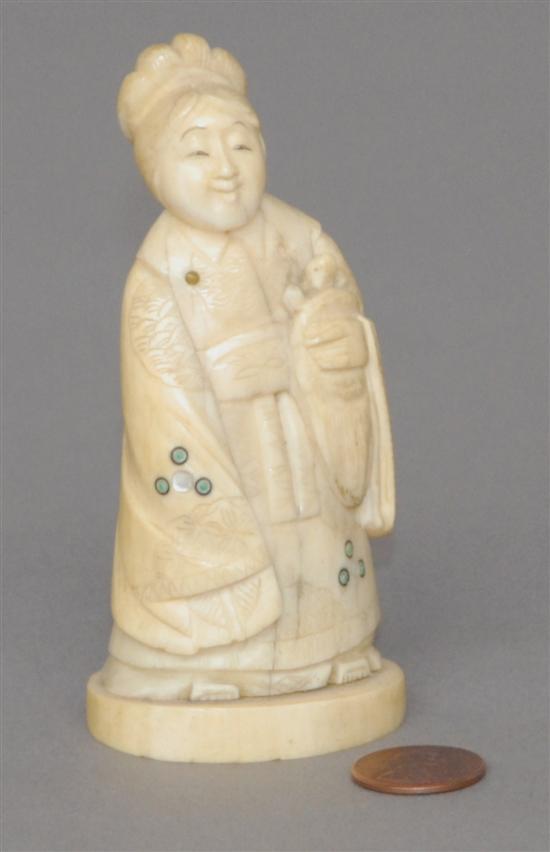 Appraisal: ORIENTAL IVORY FIGURE Woman in a patterned robe H Some