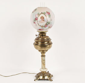 Appraisal: Victorian oil lamp with hand painted globe shade portrait of