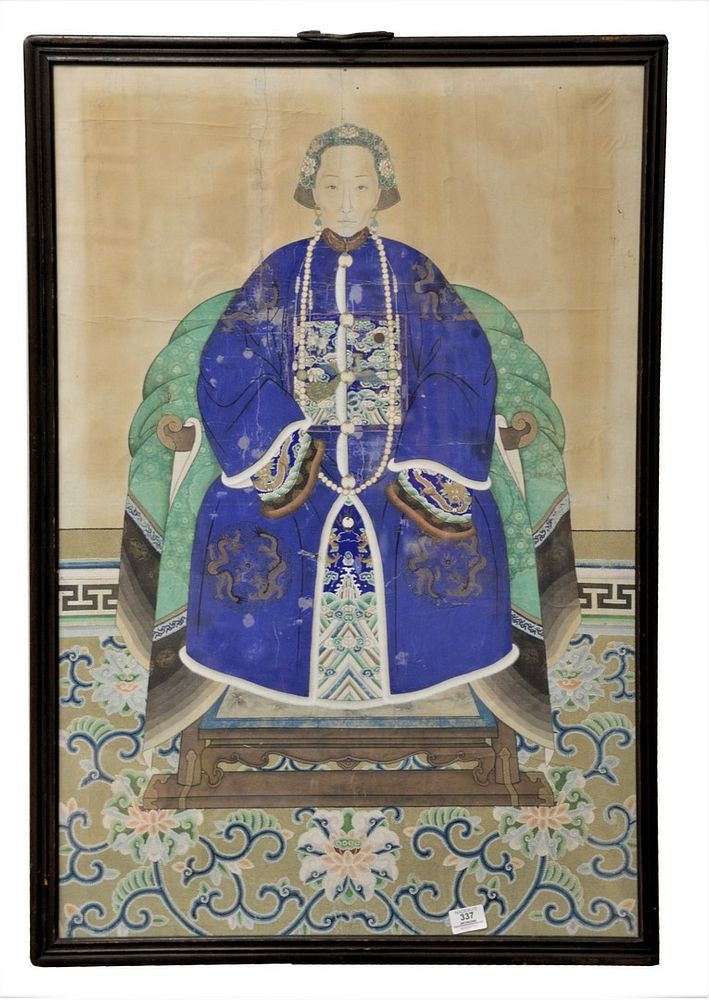 Appraisal: Chinese Ancestor Portrait wearing a blue robe with peacock badge