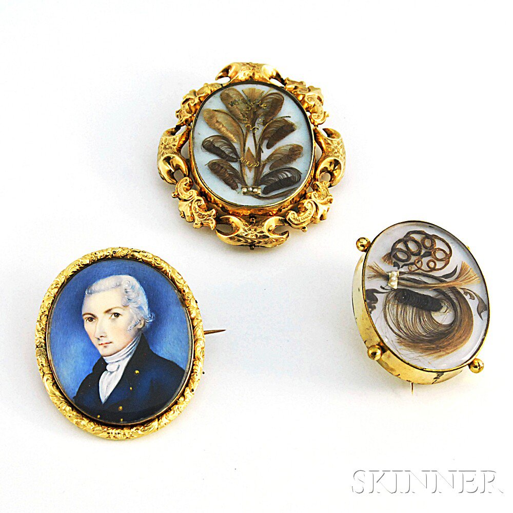 Appraisal: Three Pieces of Antique Memorial Jewelry a portrait miniature of