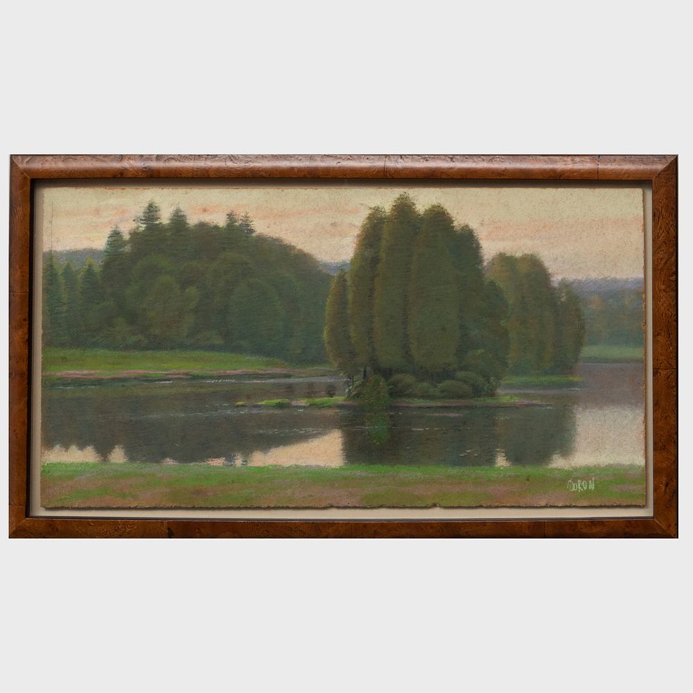 Appraisal: th Century School Lake Landscape Pastel on heavy paperboard signed