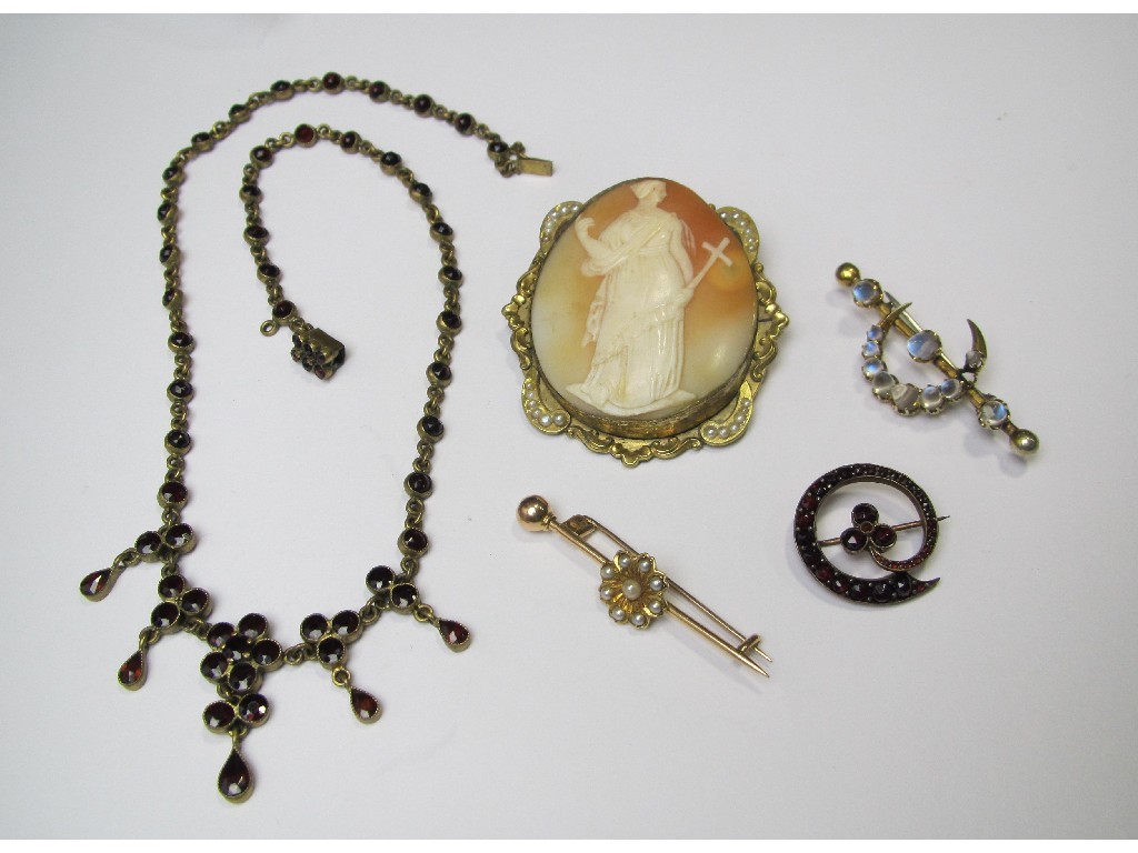 Appraisal: Lot comprising a cameo brooch a garnet necklace and brooch