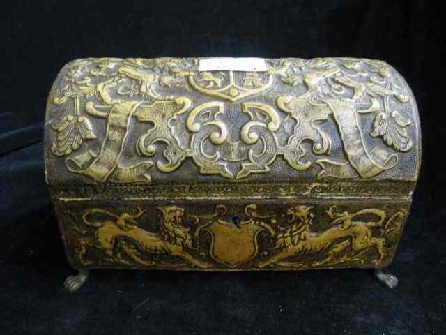 Appraisal: Antique Embossed Leather Box bronze feet dome top gryphon crest