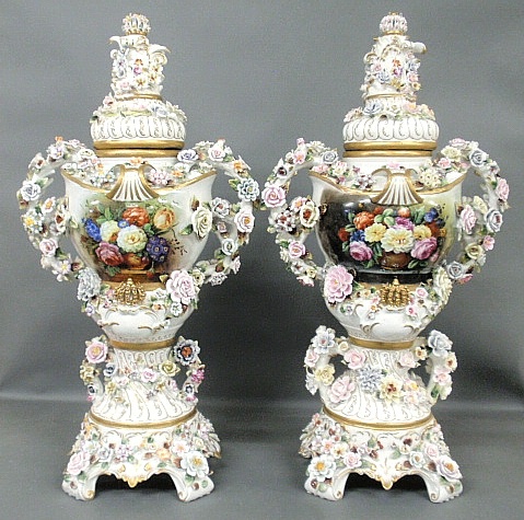 Appraisal: - Monumental pair of Dresden style porcelain urns with lids