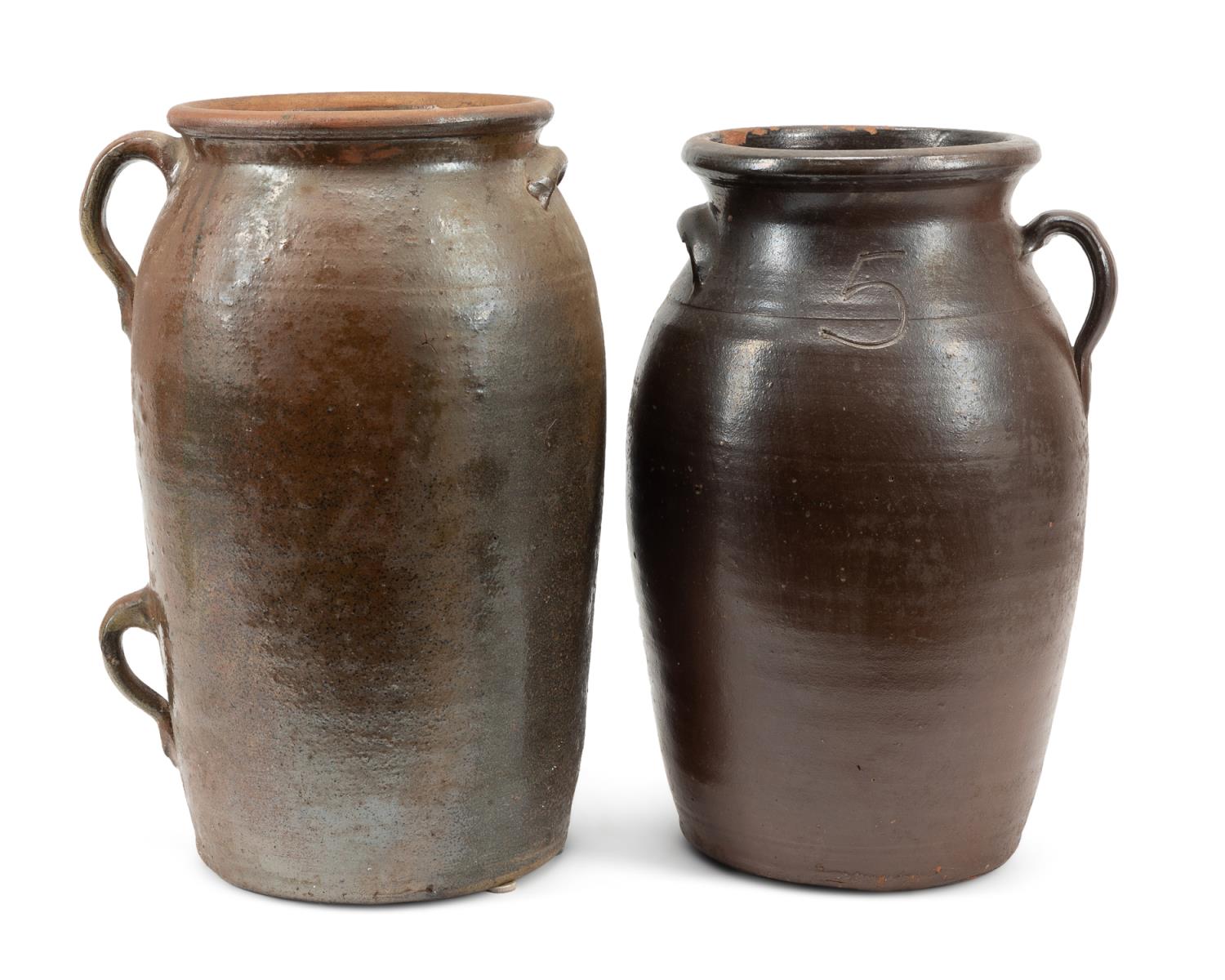 Appraisal: TWO AMERICAN POTTERY BROWN GLAZED BUTTER CHURNS Group of two