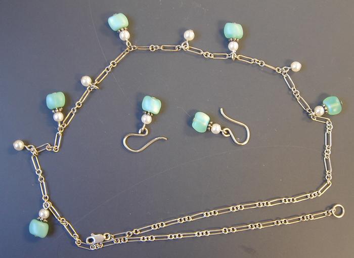 Appraisal: Sterling Necklace Earrings Turquoise colored glass beads and faux pearls