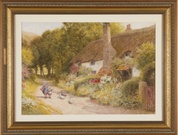 Appraisal: Cottage and garden with two girls and geese x sight