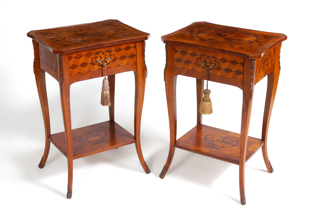 Appraisal: PAIR FRENCH PARQUETRY INLAY SIDE TABLES Marquetry and parquetry inlaid