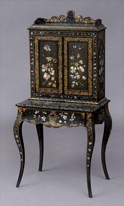 Appraisal: VICTORIAN MOTHER-OF-PEARL INLAID BLACK LACQUER PAPIER MACH BONHEUR DU JOUR