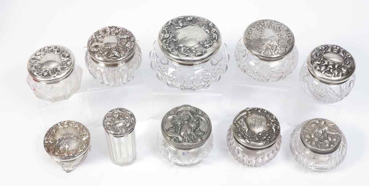 Appraisal: PIECE ART NOUVEAU STERLING LIDDED DRESSER JARS To include Engraved