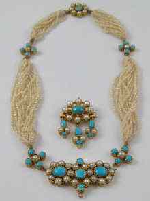 Appraisal: A fine seed pearl pearl and turquoise necklace set in