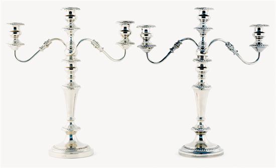 Appraisal: Pair silverplate three-light candelabra gadroon bobeches supported by scrolling arms