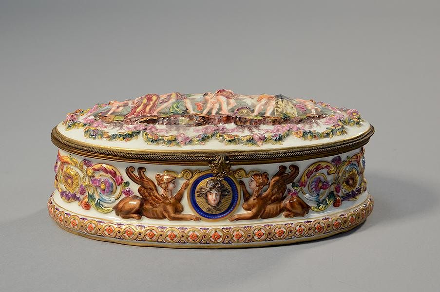 Appraisal: th th C Capodimonte raised bas-relief oval covered box th