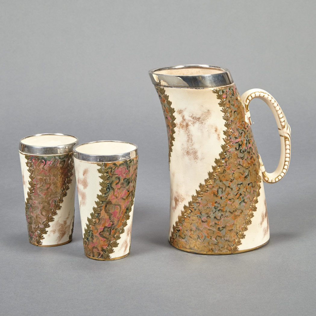 Appraisal: English Creamware Pitcher and Two Silver Mounted Beakers Circa The