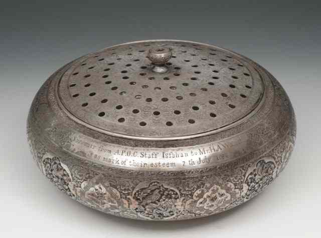 Appraisal: A PERSIAN SILVER PIERCED BOWL and cover intricately carved with