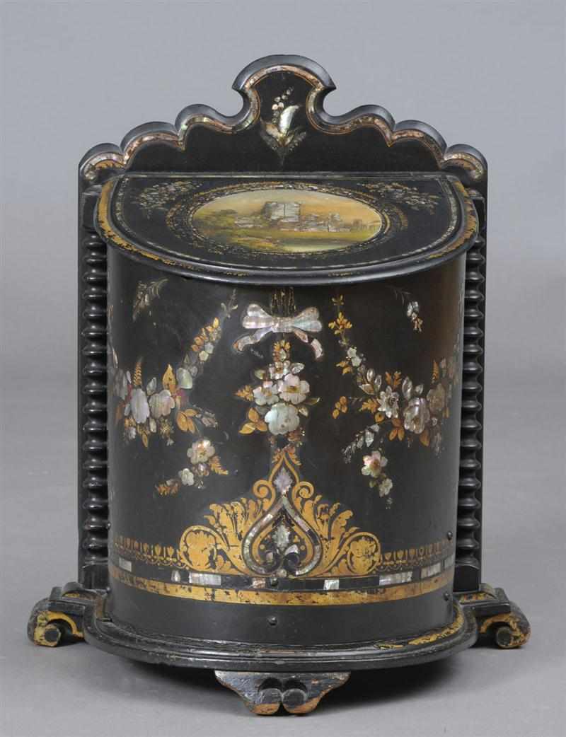 Appraisal: VICTORIAN MOTHER-OF-PEARL INLAID PAPIER M CH DEMILUNE COAL BIN The