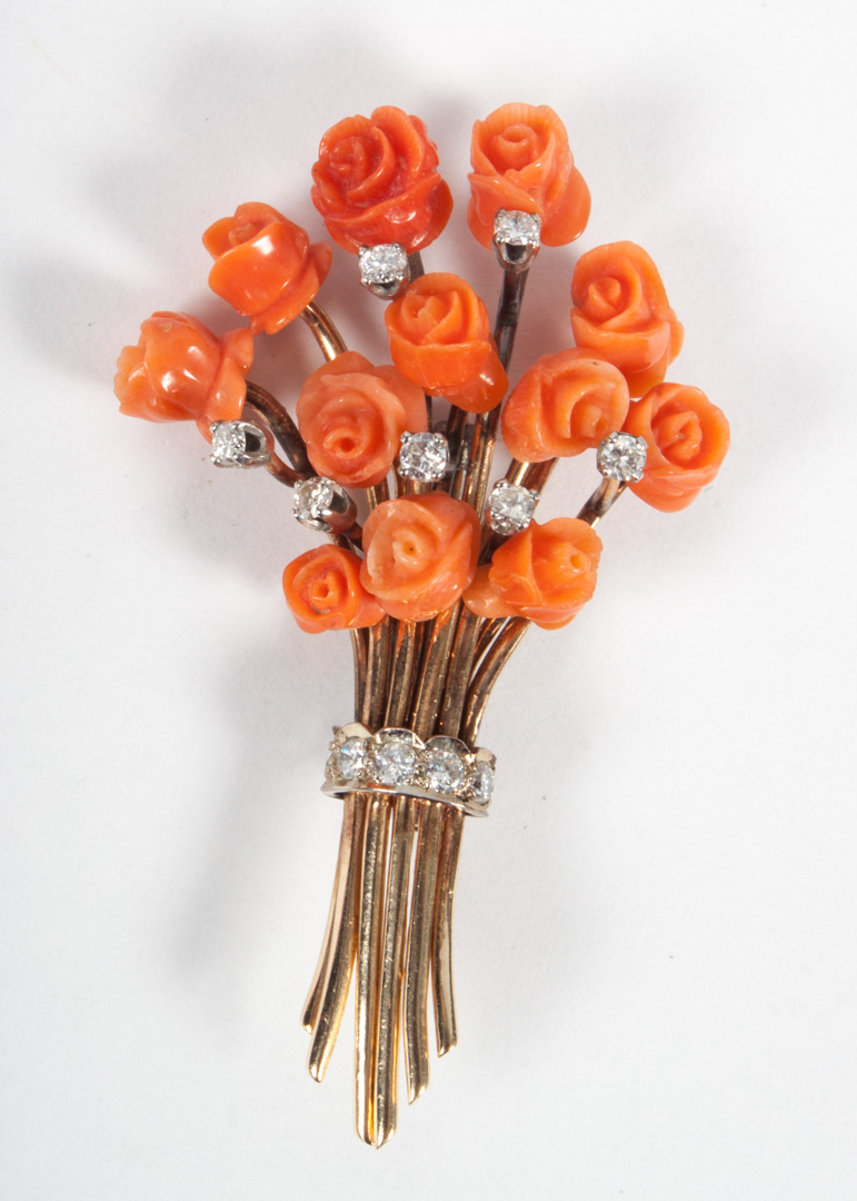 Appraisal: Lady's K gold diamond and coral bouquet brooch in L