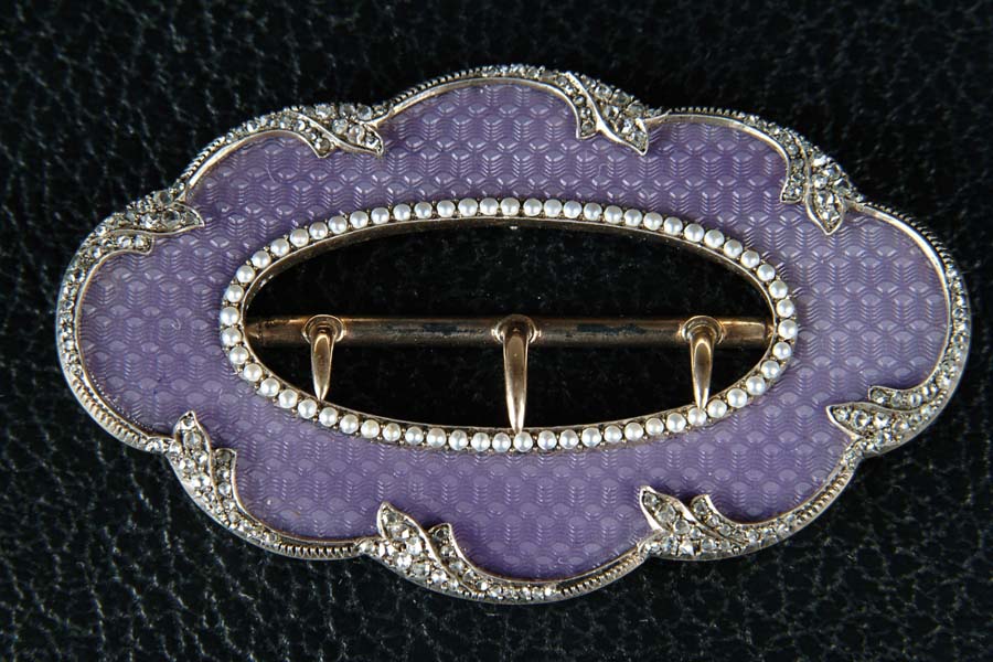 Appraisal: FABERGE ENAMEL DIAMOND SEED PEARL BUCKLE Rare and outstanding Faberge