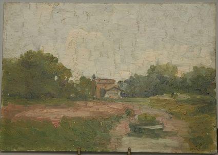 Appraisal: American School Landscape with Building Oil on Board Signed Nolf