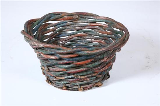 Appraisal: TWIG BASKET Large woven basket with original blue and red