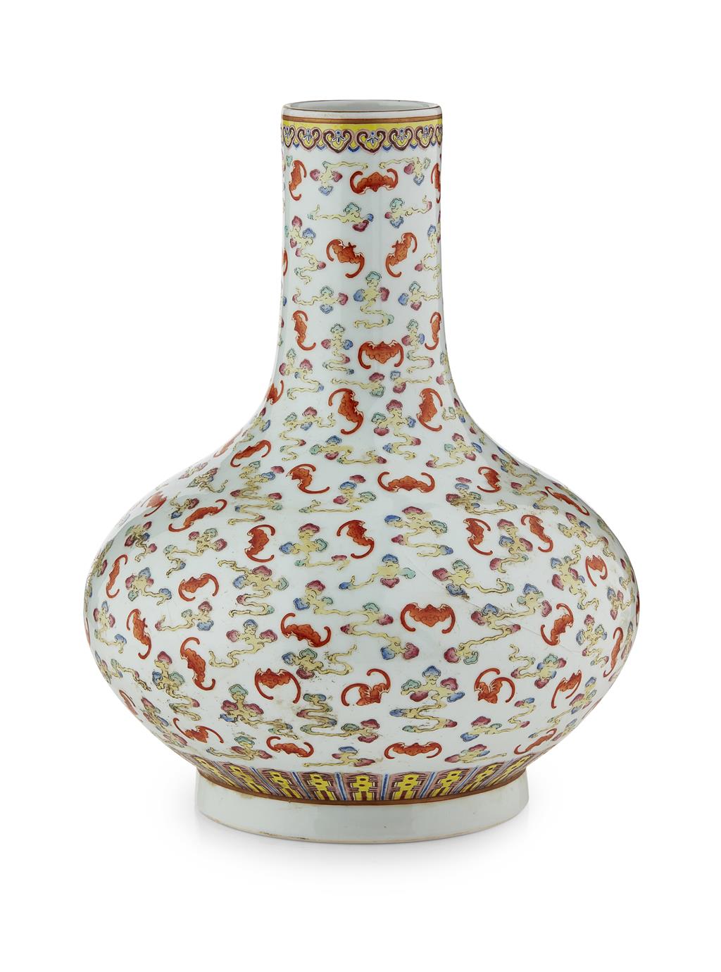 Appraisal: FAMILLE ROSE 'ONE HUNDRED BATS' BOTTLE VASE LATE QING DYNASTY