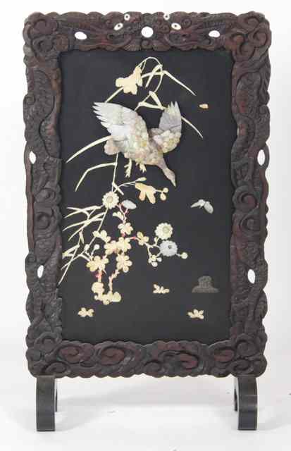 Appraisal: A Japanese fire screen decorated a duck in applied mother-of-pearl