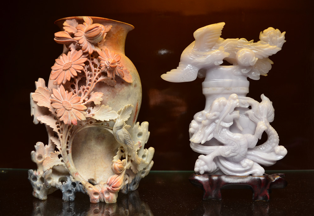 Appraisal: CHINESE CARVED SOAPSTONE VASE AND CENSER WITH BIRDS pieces total