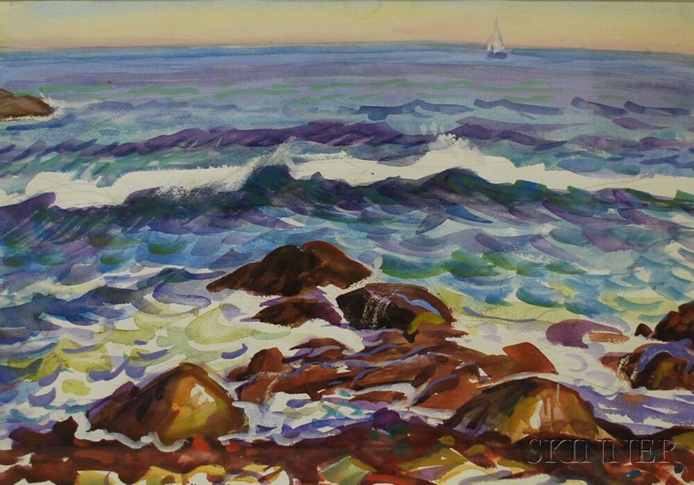 Appraisal: Joseph Margulies American - Coast with Rocks and Sailboat Signed