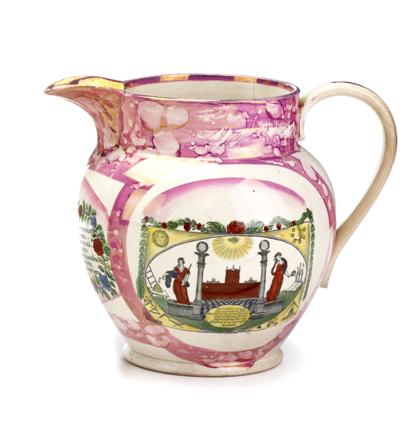 Appraisal: Large pink lustre commemorative transferware pitchercirca