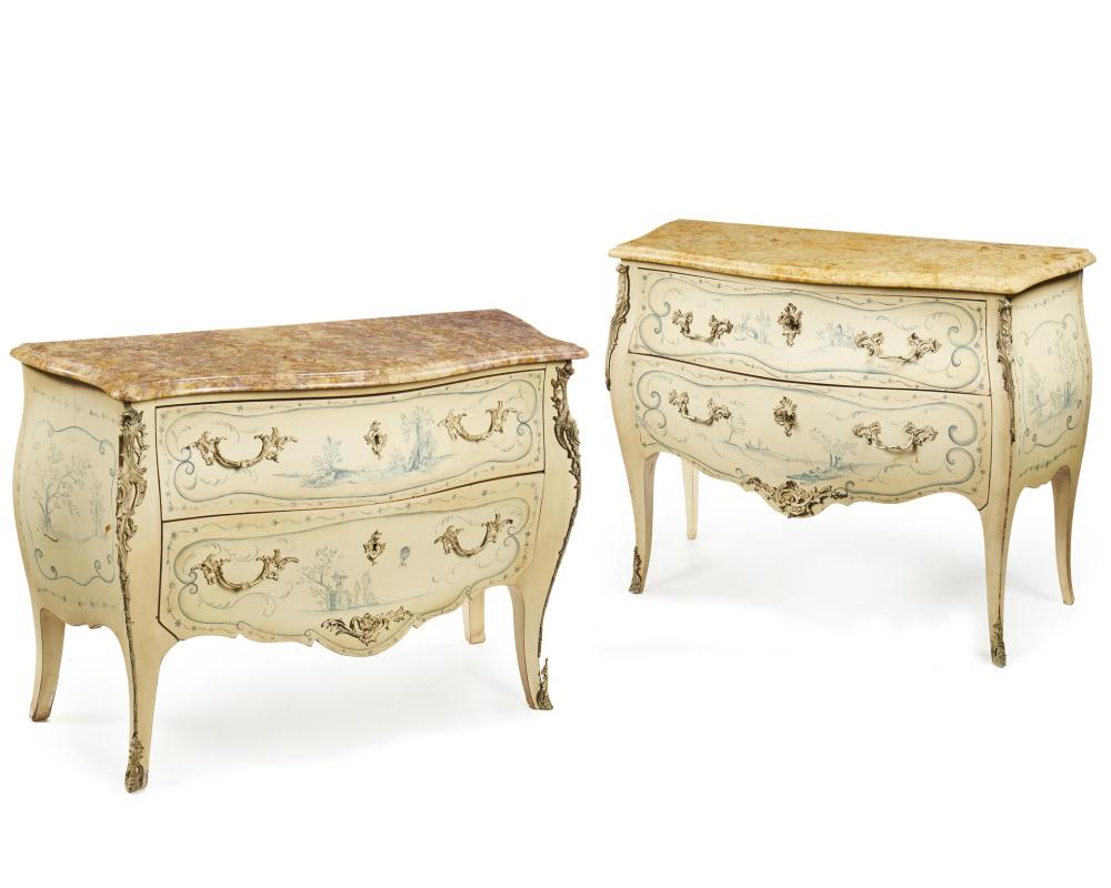 Appraisal: A near-pair of painted commodes First-half th Century Each with