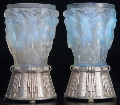 Appraisal: R LALIQUE Pair of vases Bacchantes opalescent c Presented on