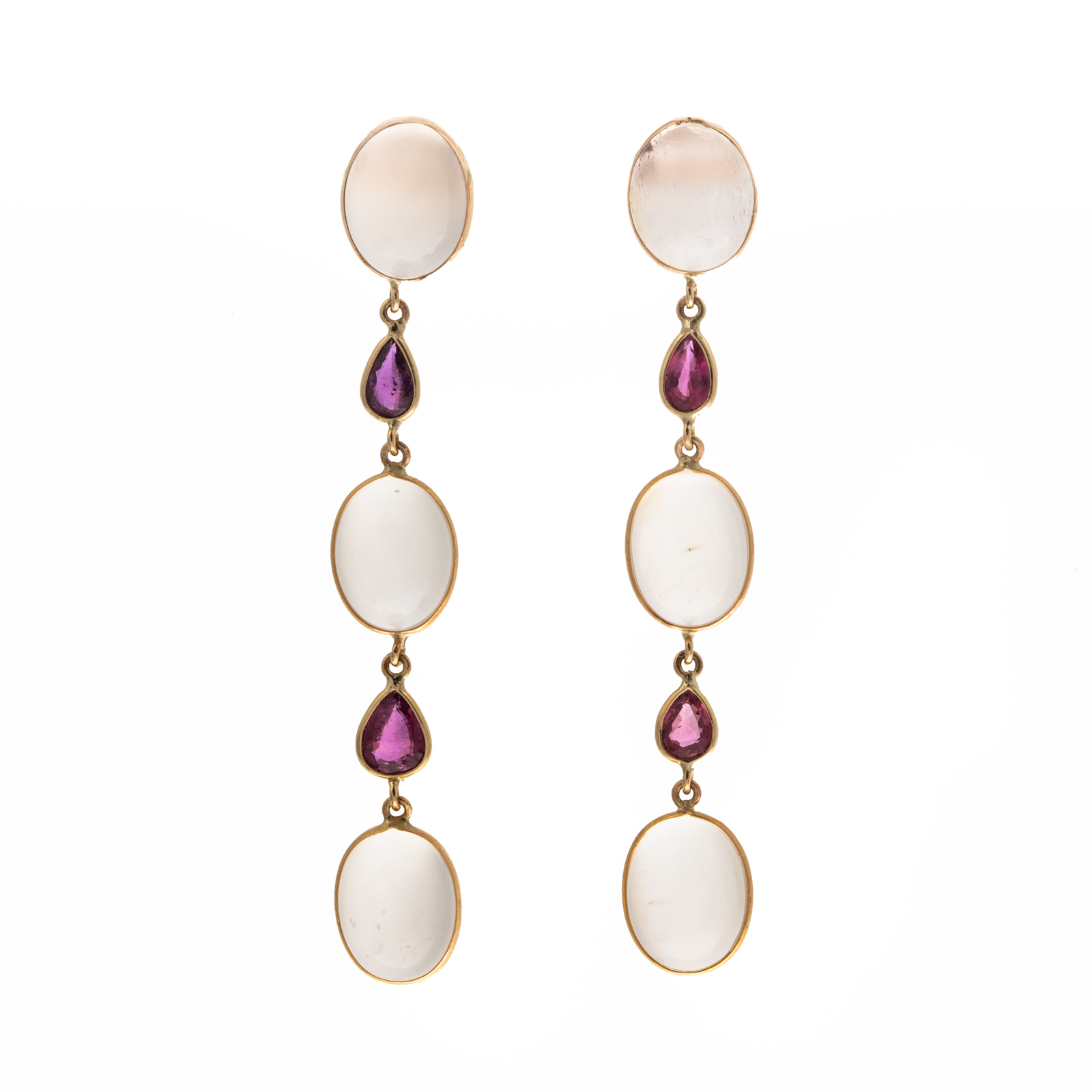 Appraisal: A PAIR OF MOONSTONE RUBY DANGLE EARRINGS IN K K