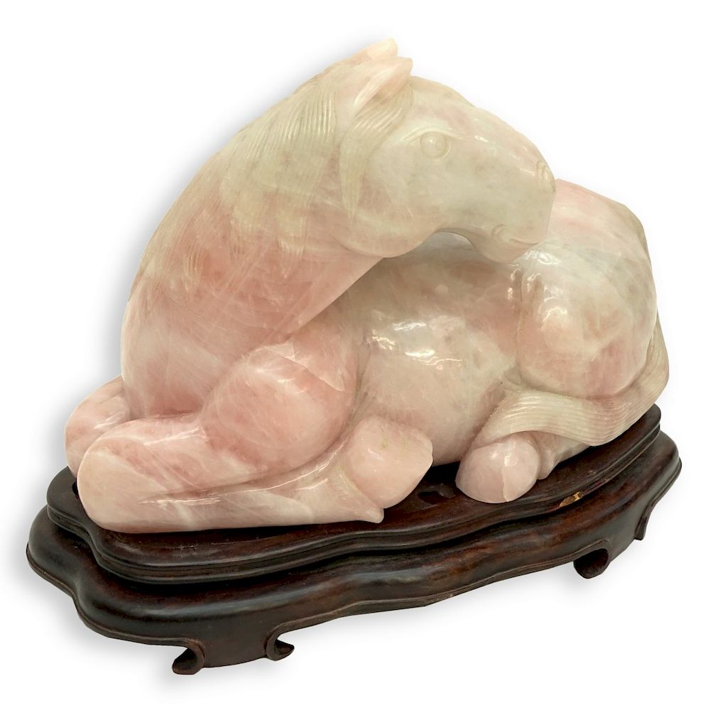 Appraisal: Large Chinese Carved Rose Quartz Recumbent Horse Large Chinese Carved