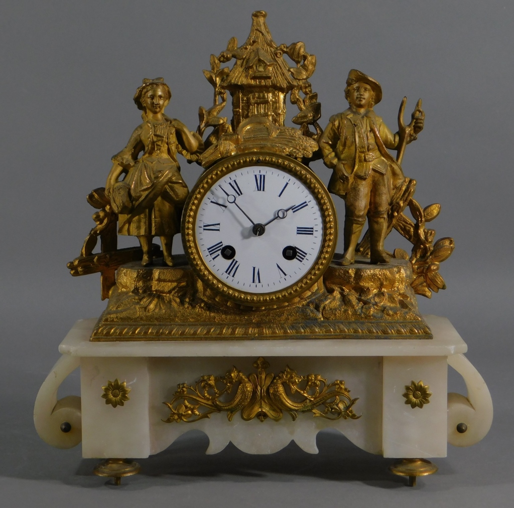 Appraisal: C FRENCH JAPY FRERES GILT ALABASTER MANTEL CLOCK France Circa