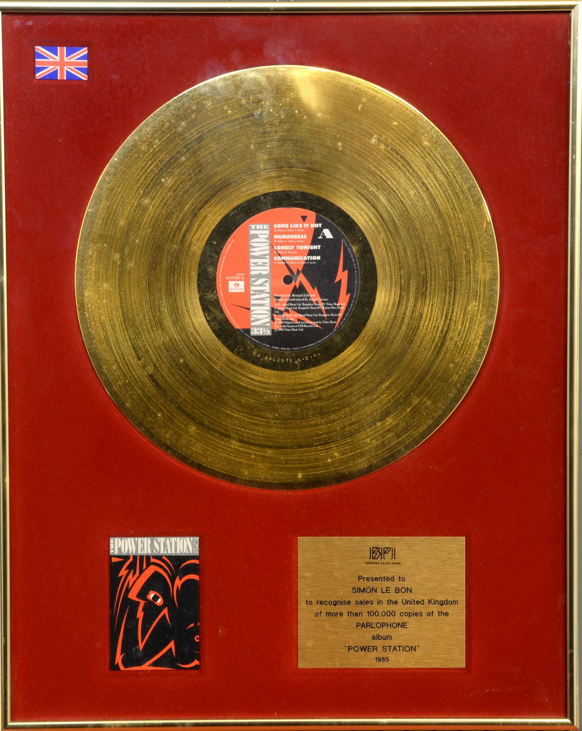 Appraisal: The Power Station BPI Gold disc presented to Simon Le